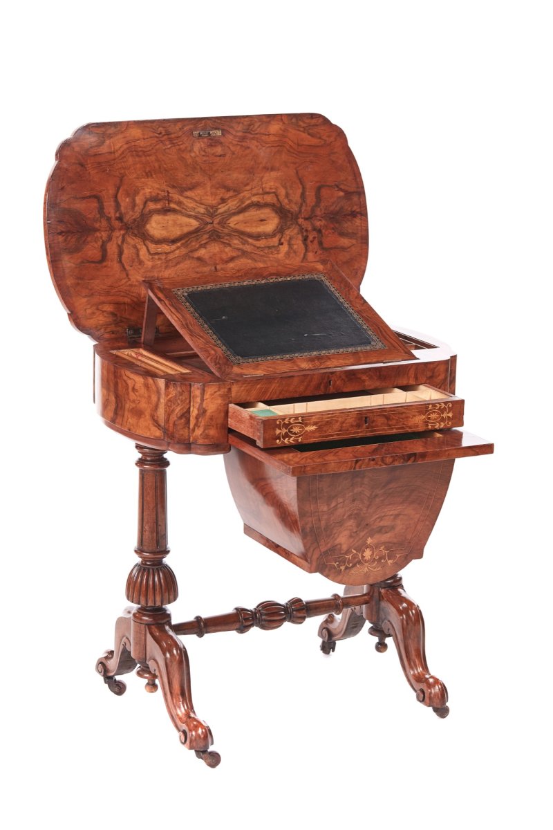 Outstanding Early Victorian 19th Century Inlaid Burr Walnut Writing or Sewing Table - Image 3